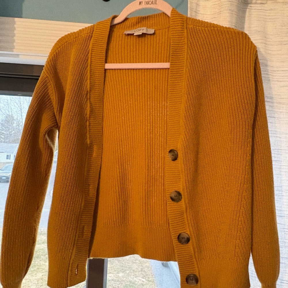 LOFT Mustard Yellow Button-Front Ribbed Cardigan